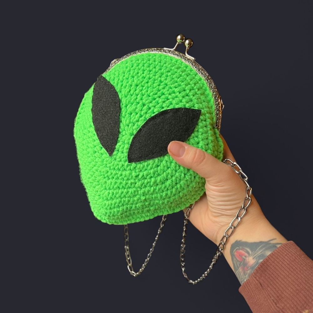 Handmade Crochet Neon Alien Purse